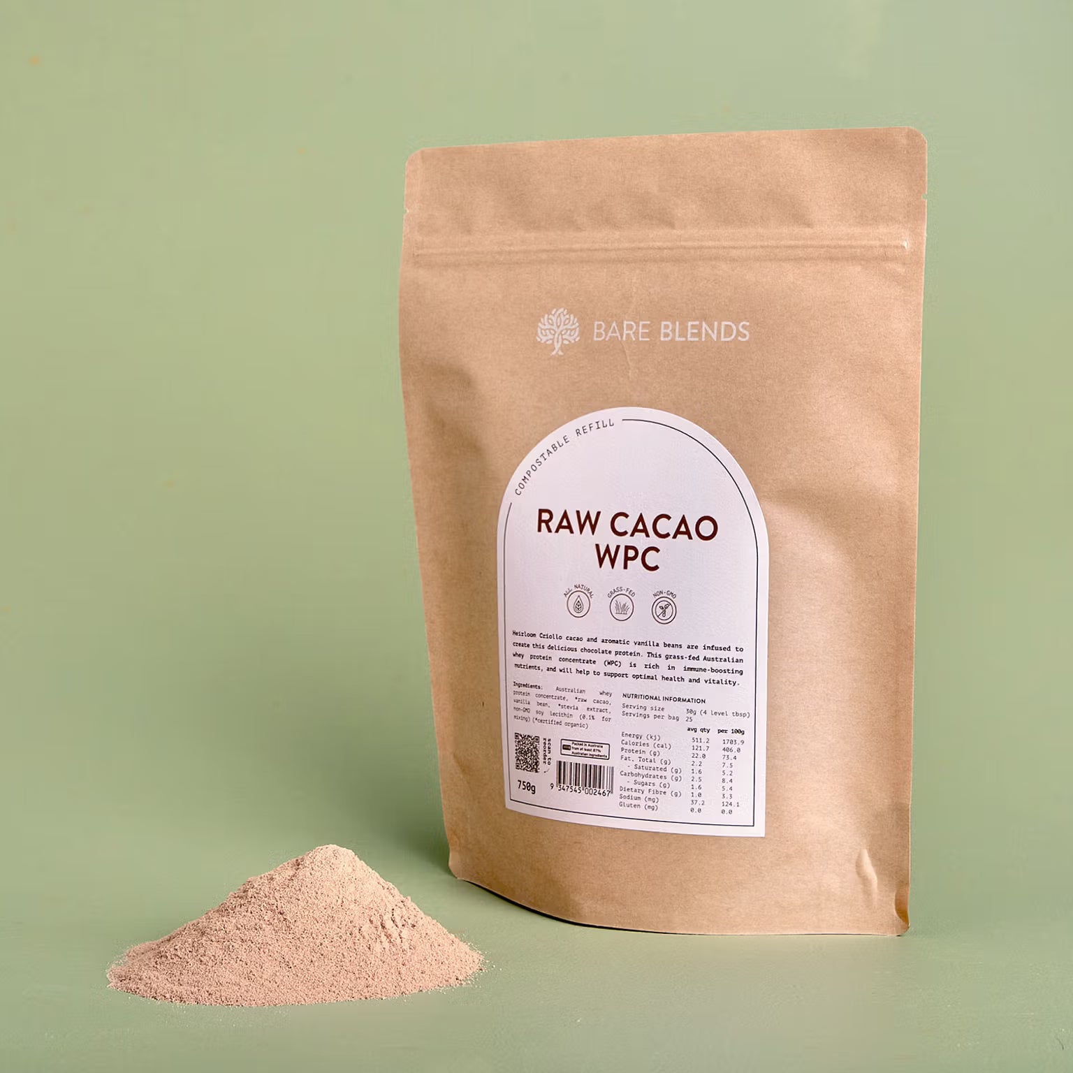 Bag of Bare Blends Raw Cacao WPC powder on a green background