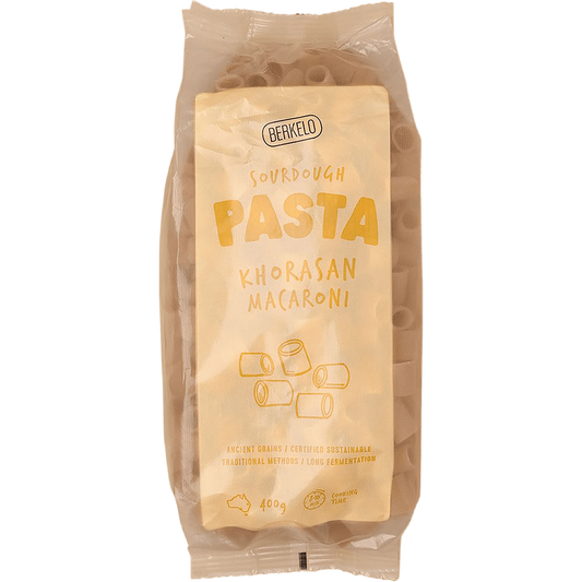 berkelo sourdough pasta, khorasan macaroni front of packet