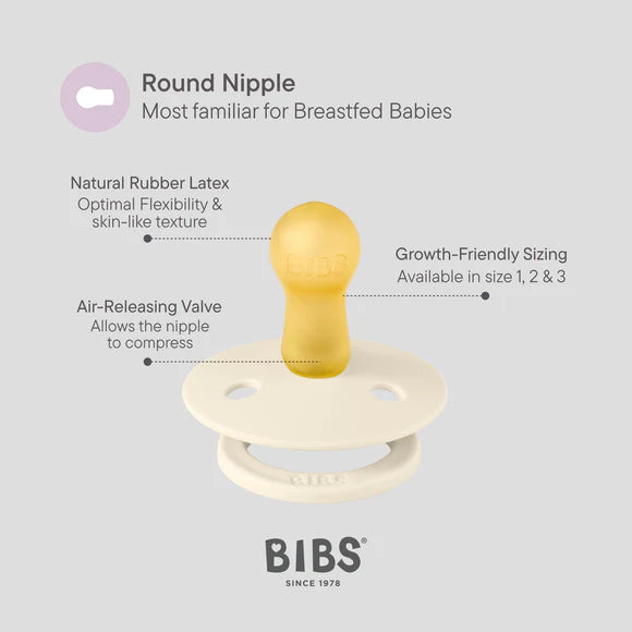 BIBS round nipple pacifier with features highlighted on a light gray background