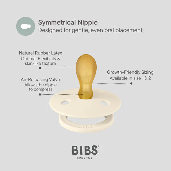 BIBS symmetrical nipple pacifier with features highlighted on a gray background
