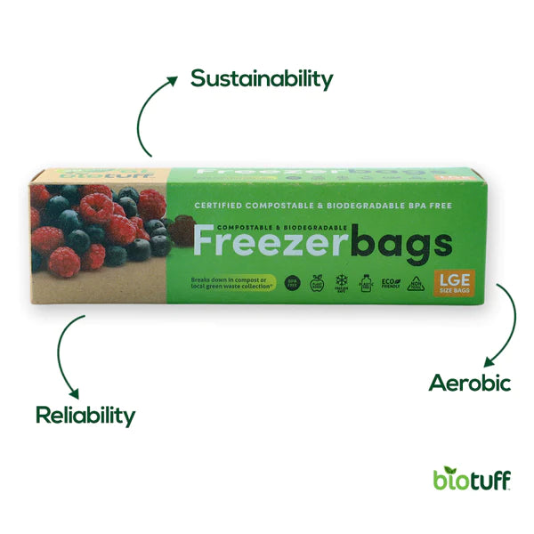 biotuff, freezer bags, compostable bags, biodegradable bags, toxic free freezer bags, plastic free, plant based, sustainable bags