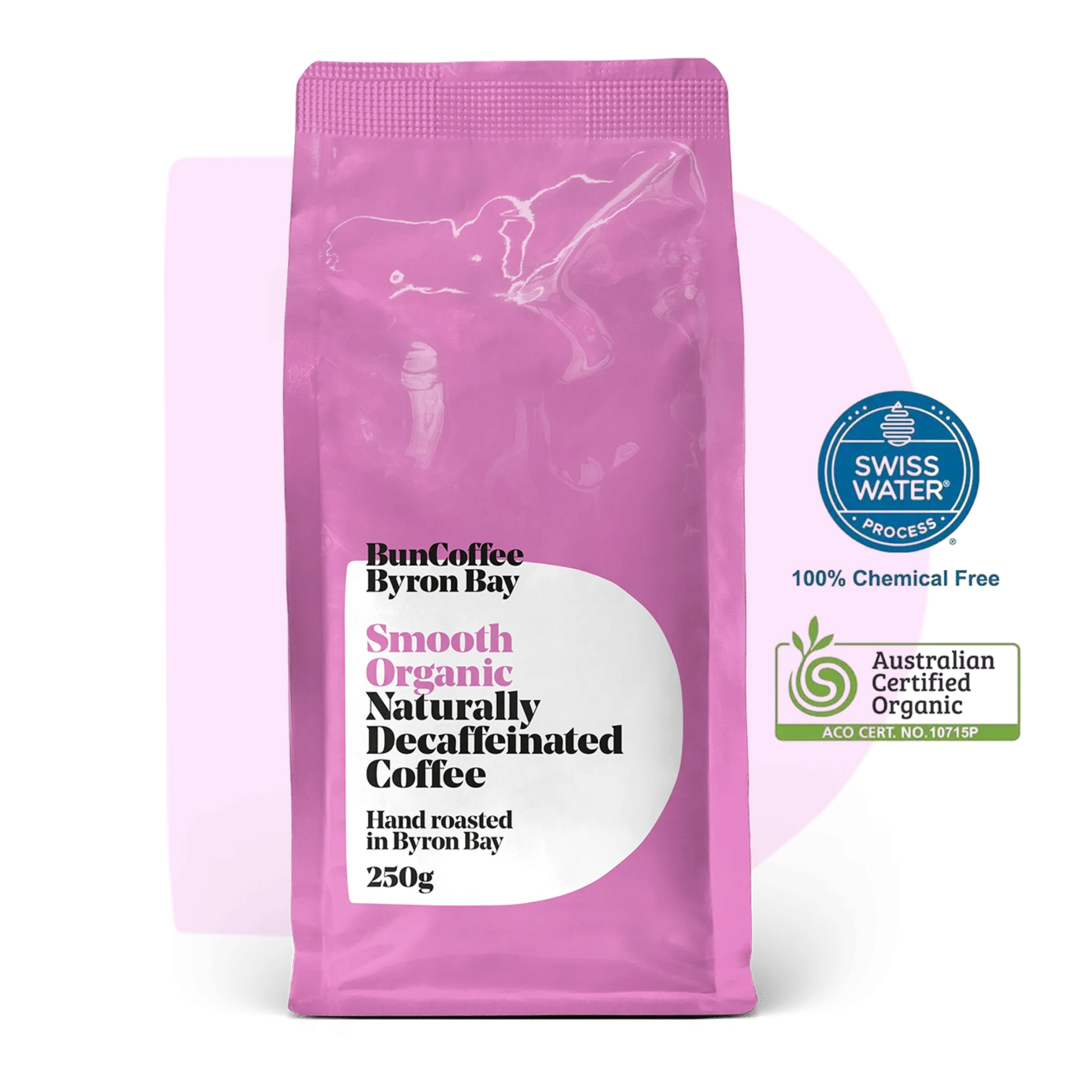 bun coffee Byron bay smooth organic naturally decaffeinated coffee - pink bag