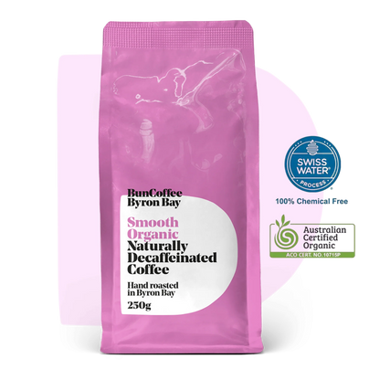 bun coffee Byron bay smooth organic naturally decaffeinated coffee - pink bag