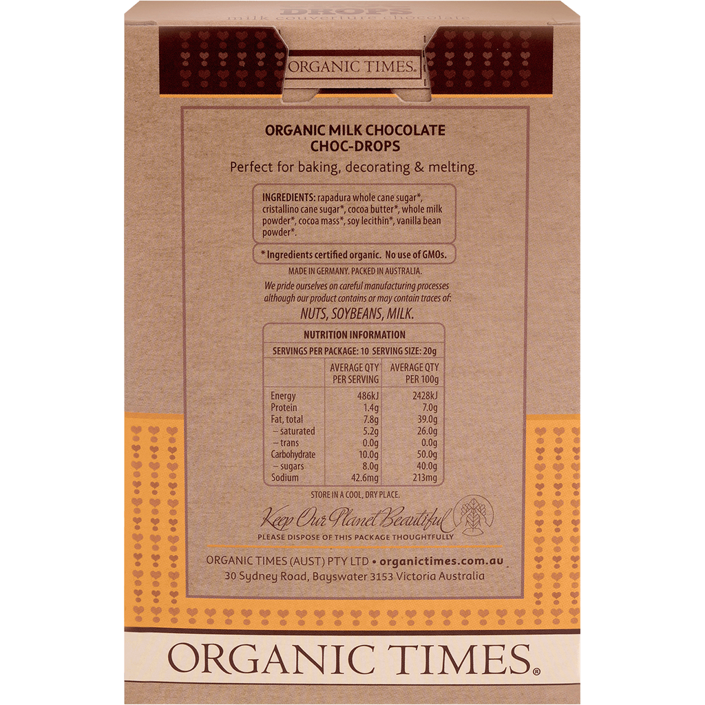 organic times milk choc drops back