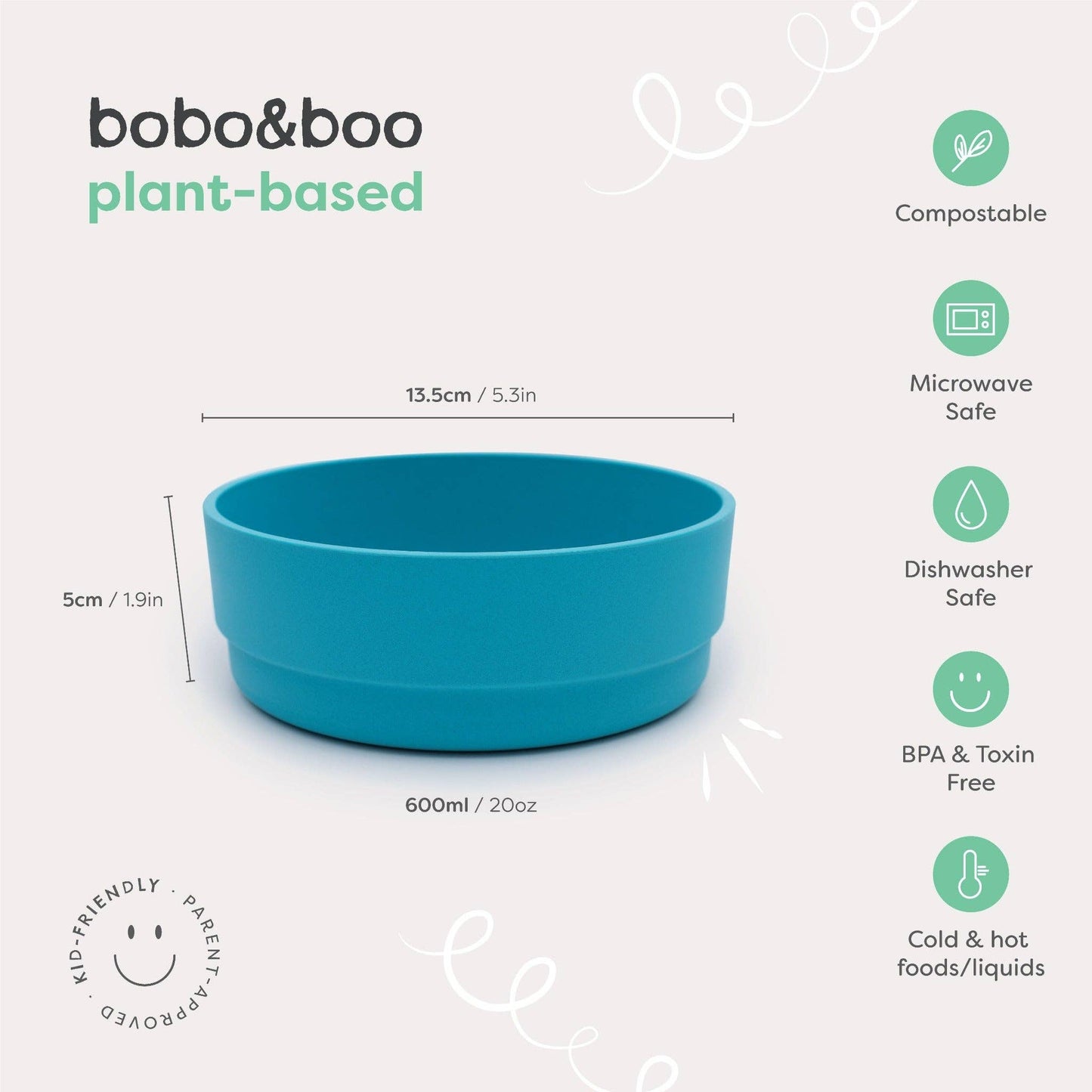 Blue bowl with bobo&boo branding and product features on a white background, bobo&boo