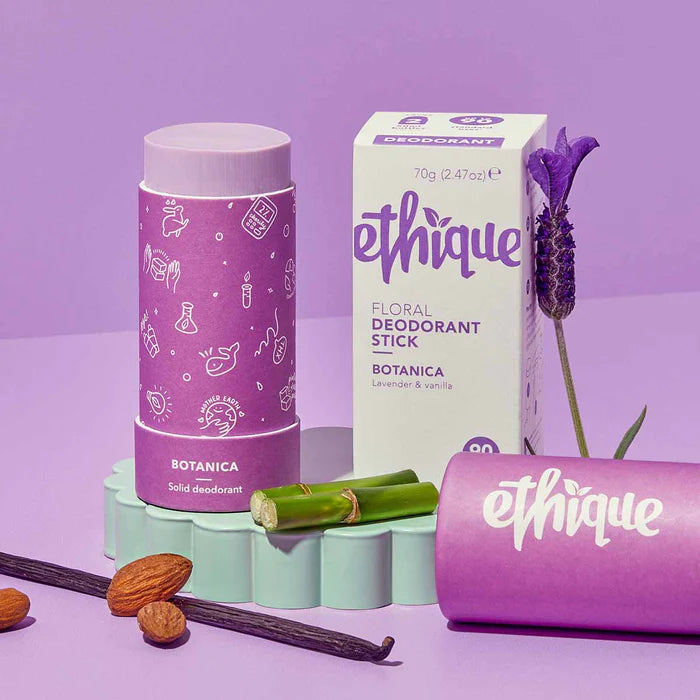 ethique botanica deodorant stick hero shot with packaging