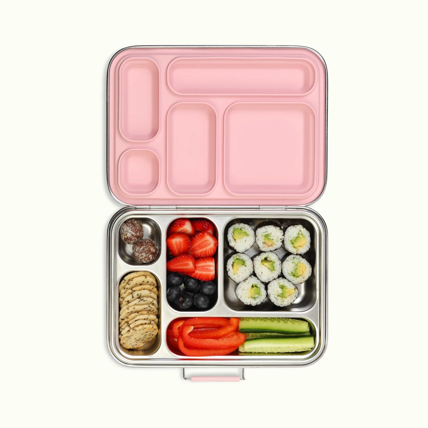 Stainless Steel 5 Compartment Bento Lunch Box - Sorbet, opened with additive free food