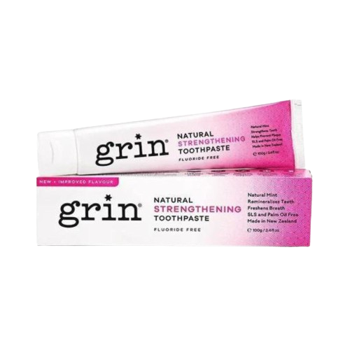 grin natural strengthening toothpaste, fluoride free, front
