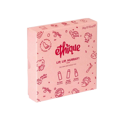 Pink 'ethique' lip care product box, lip lip hooray