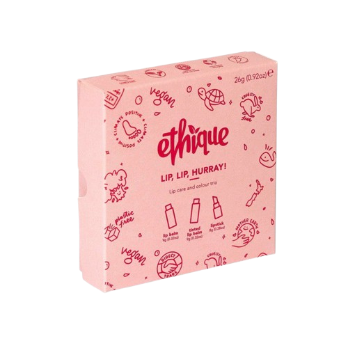 Pink 'ethique' lip care product box, lip lip hooray