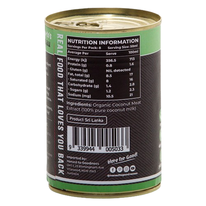 honest to goodness organic coconut milk, additive free tin back