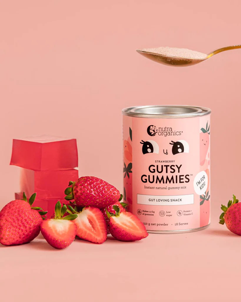 nutra organics, gutsy gummies, strawberry, additive free jelly, strawberry gutsy gummies