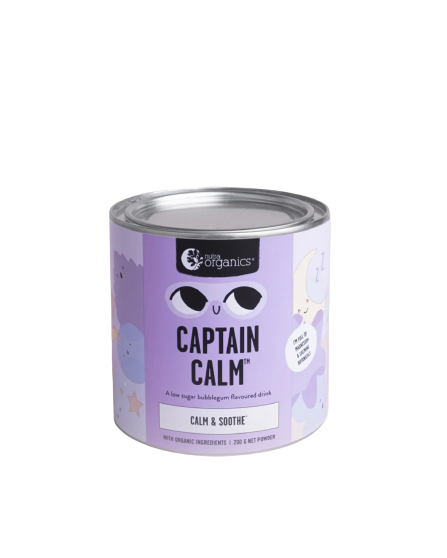 nutra organics, captin calm, calm and soothe, bubblegum flavoured drink, front
