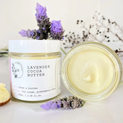 melvory Lavender cocoa butter product with a jar and open container on a white background