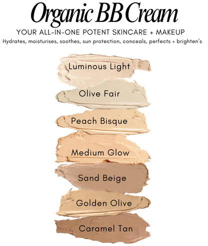 mg naturals Organic BB Cream colour swatches with names on a white background