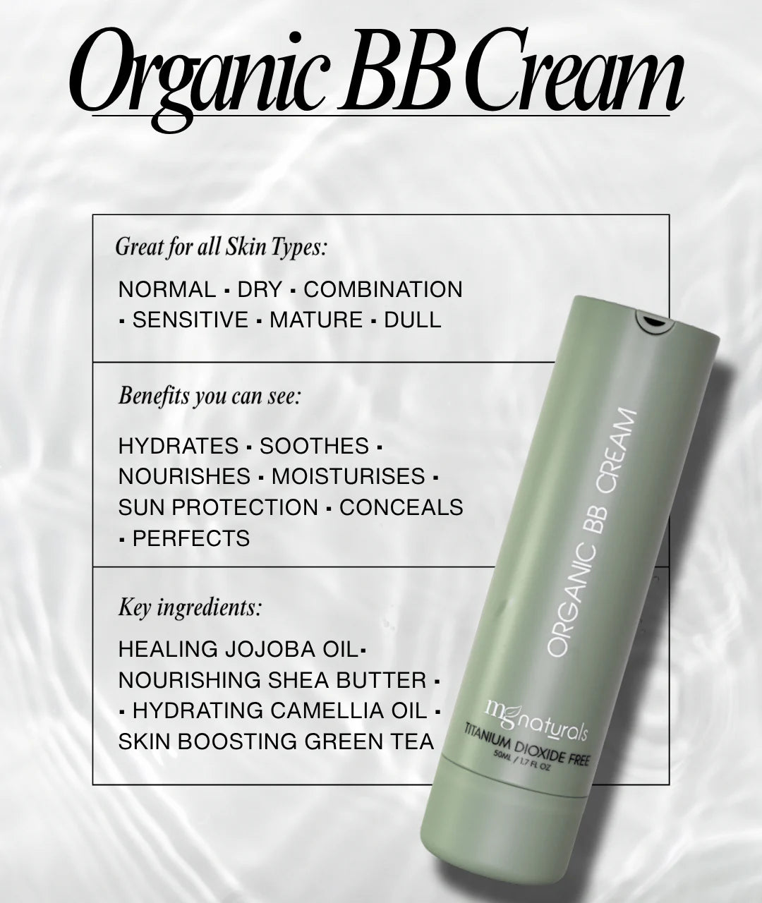 mg naturals Organic BB Cream bottle with product details on a white background