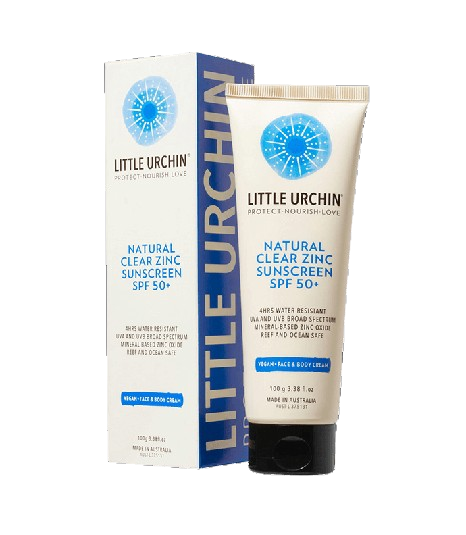 Little Urchin natural clear zinc sunscreen SPF 50+ with packaging 
