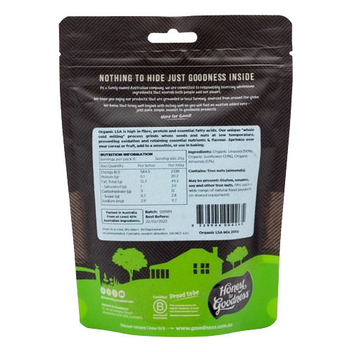 honest to goodness organic LSA back of packet,, additive free