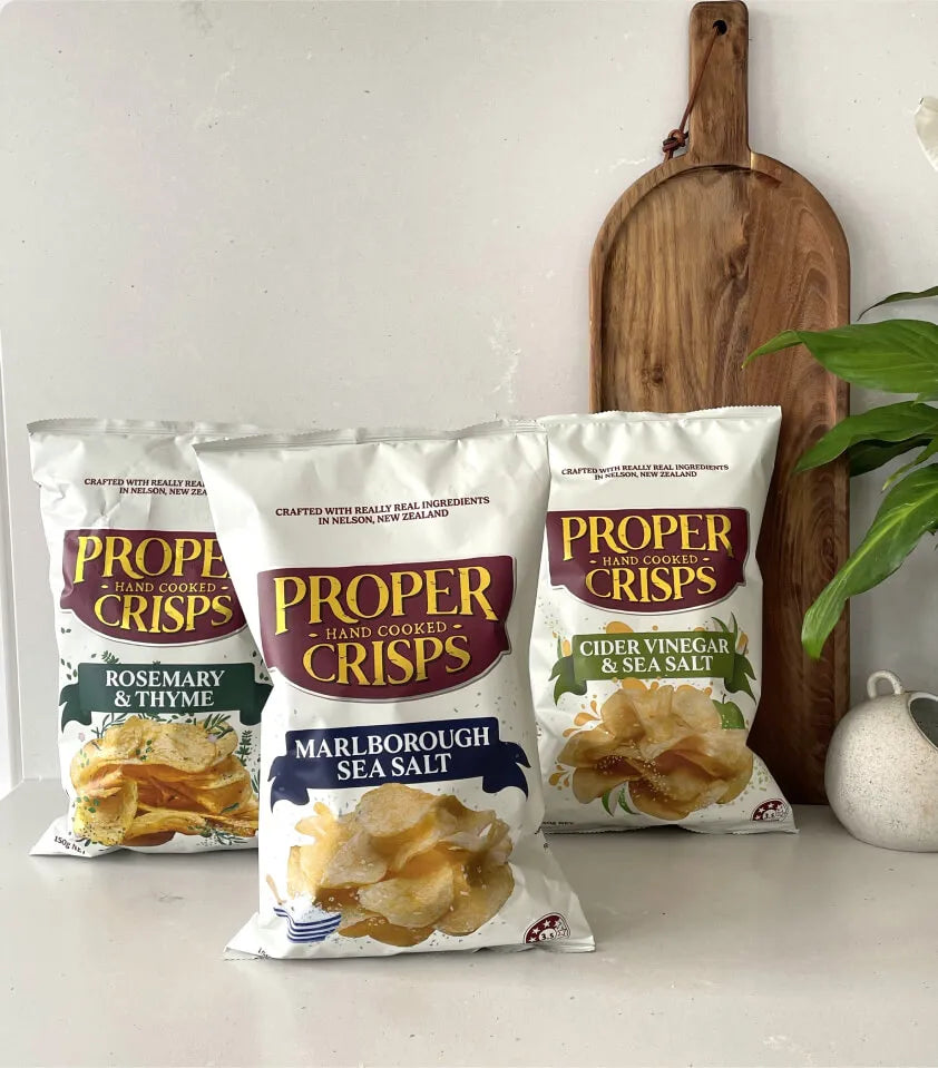 proper crisps range, cider vinegar & sea salyt, marlborough sea salt, rosemary & thyme