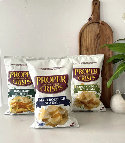 proper crisps range, cider vinegar & sea salyt, marlborough sea salt, rosemary & thyme