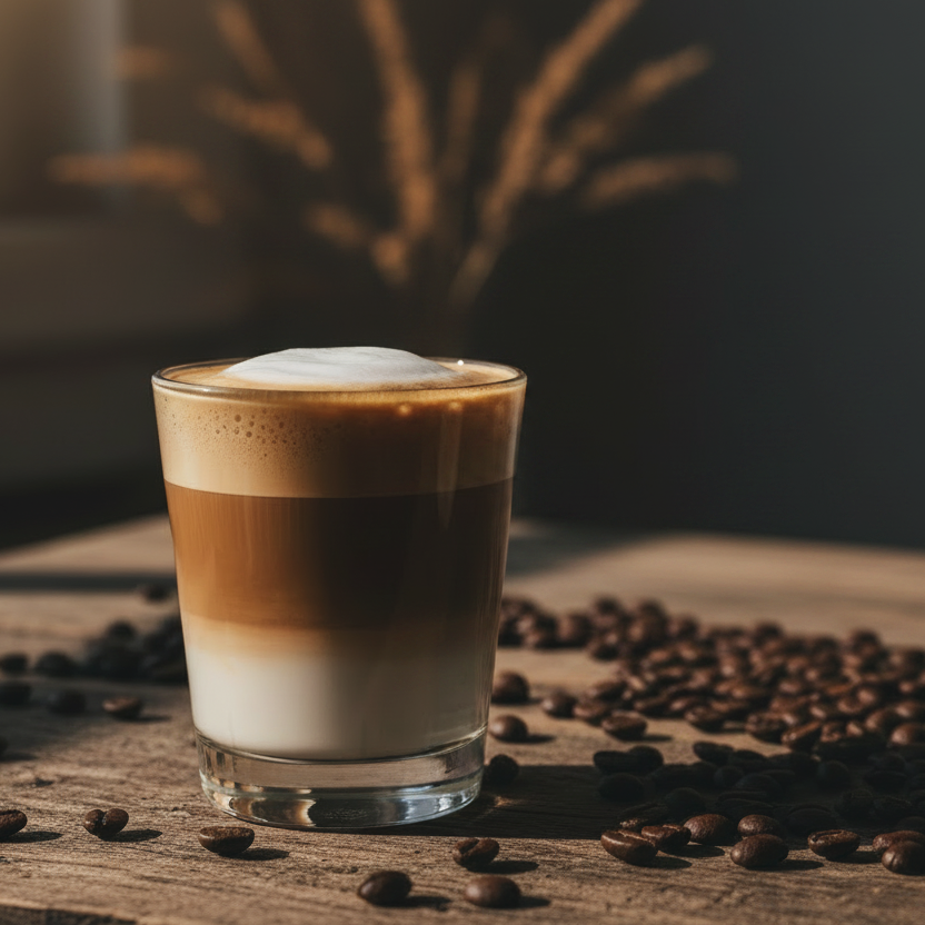 Cappuccino in a glass with caldera coffee beans on a wooden surface