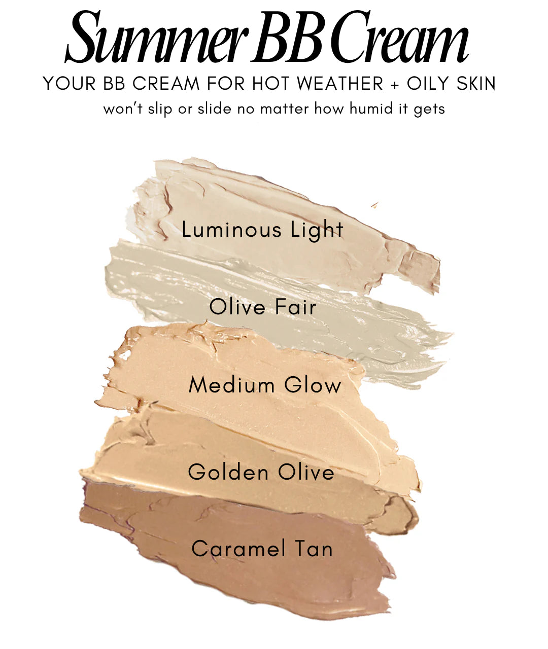 Mg Naturals BB Cream swatches in various shades with labels on a white background
