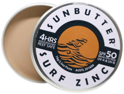 Sunbutter Surf Zinc sunscreen paste in a metal tin with a white lid.