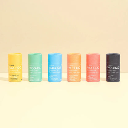 woohoo body deodorant and anti chafe stick range 