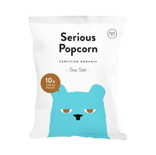serious popcorn, certified organic popcorn, sea salt popcorn, front, serios popcorn multipack
