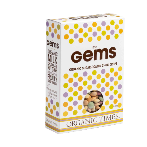 little gems, organic times, chocolate buttons, additive free, front